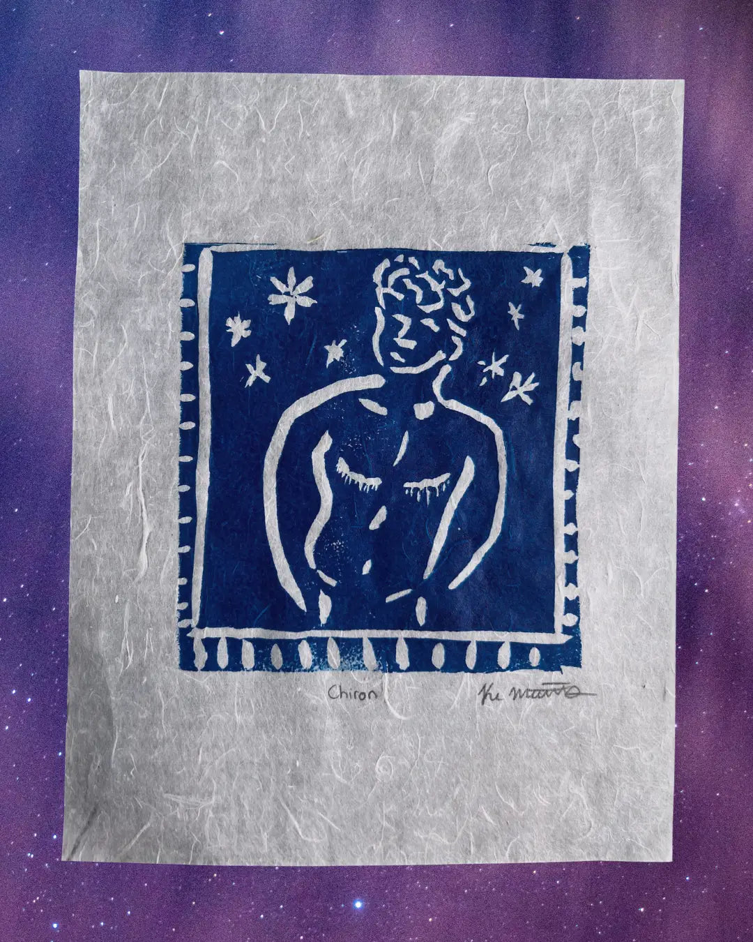 I line cut in blue on paper hand made paper featuring the image of a man surrounded by stars