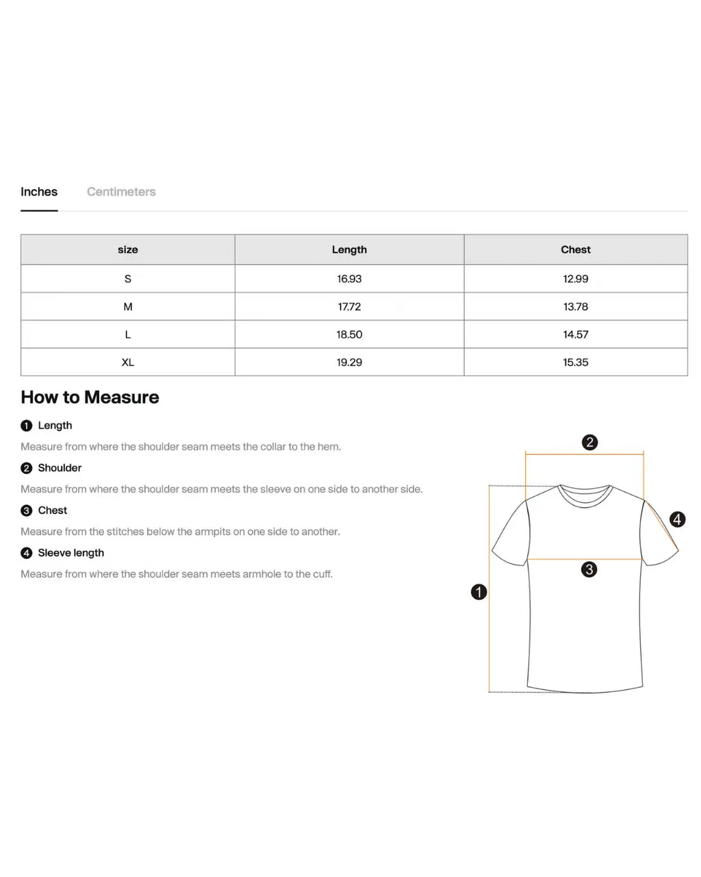 A sizing and measurement chart for a T-shirt, showing a size table from S to XL with length and chest measurements in inches and centimeters, plus a step-by-step how-to measure guide and a simple shirt outline diagram.