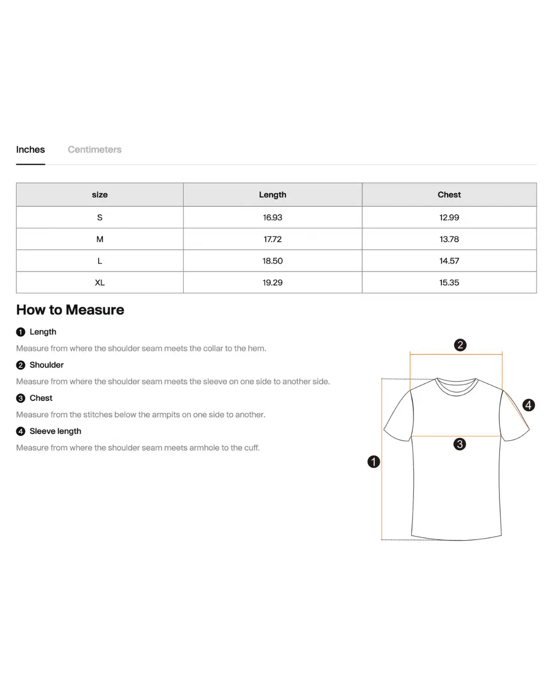 A sizing and measurement chart for a T-shirt, showing a size table from S to XL with length and chest measurements in inches and centimeters, plus a step-by-step how-to measure guide and a simple shirt outline diagram.
